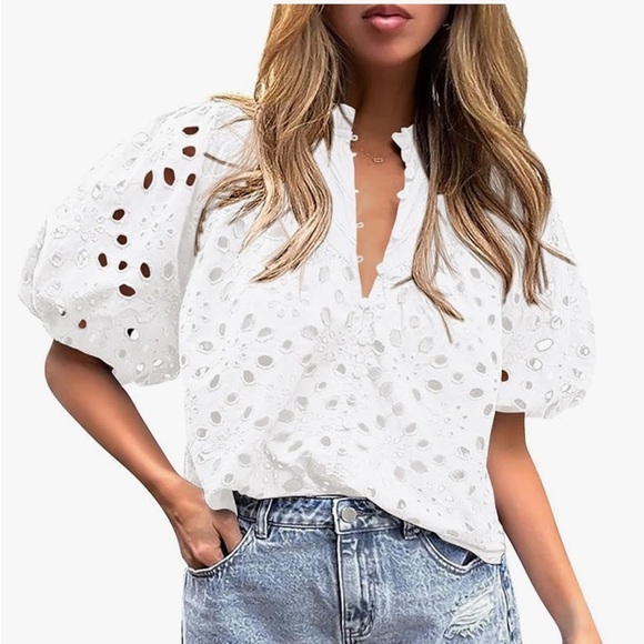 Pretty Garden Eyelet Short Lantern Puffy Sleeve  Blouse White Size Medium - Picture 5 of 7